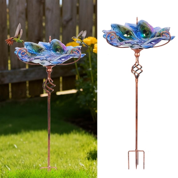 12-Inch Glass Bird Bath, Garden Outdoor Birdbaths Birdfeeder with Metal Stake Peacock Bird Baths for Outside Yard