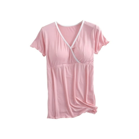 VEKDONE Clearance Maternity Tees for Women Summer Shorts Sleeve Nursing Tops Button Breastfeeding Tshirts with Built in Bra Stretchy Pregnancy Blouse Camisa de Maternidad Pink L