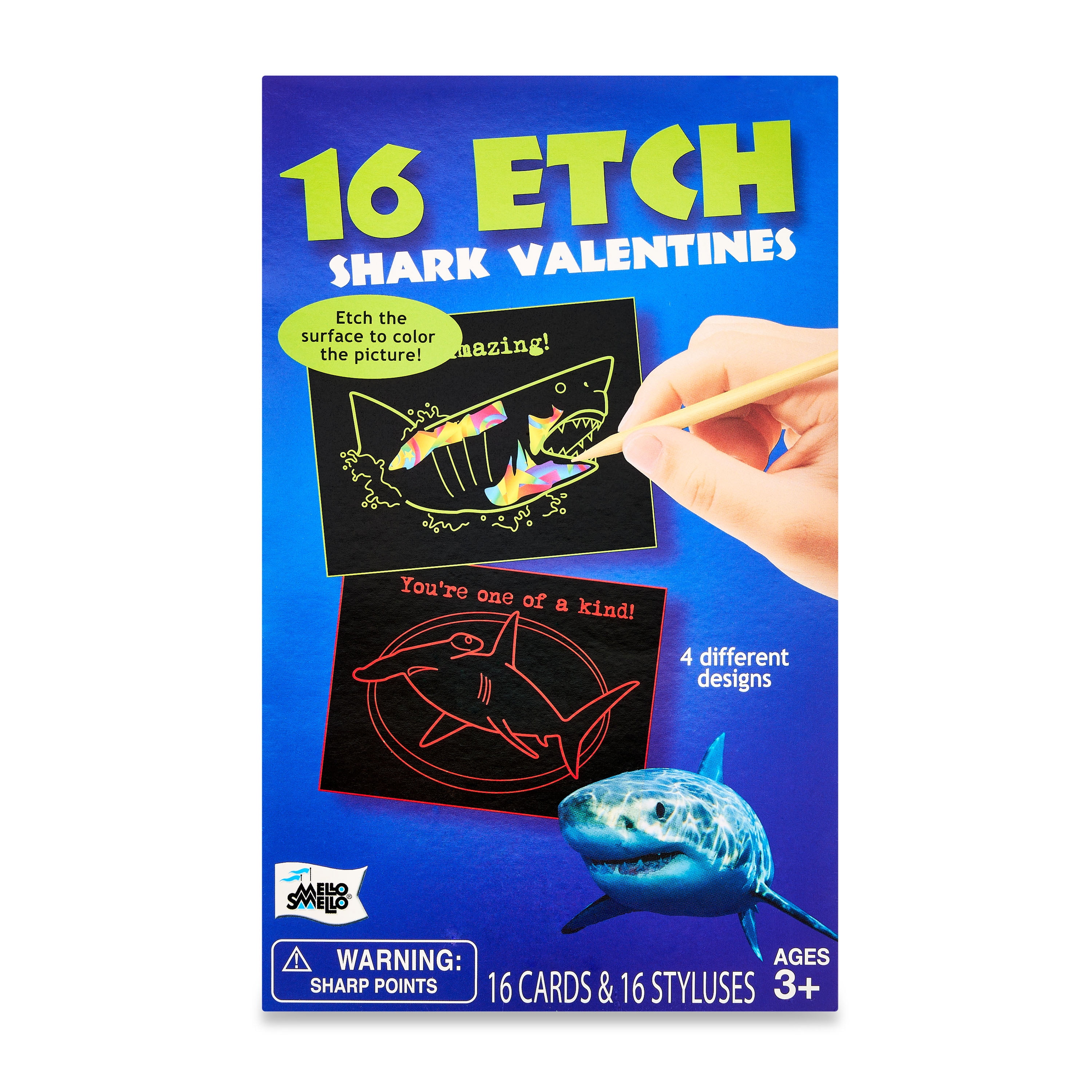 Mello Smello Valentine's Day Etch Shark Valentines Kiddie Cards, 16CT