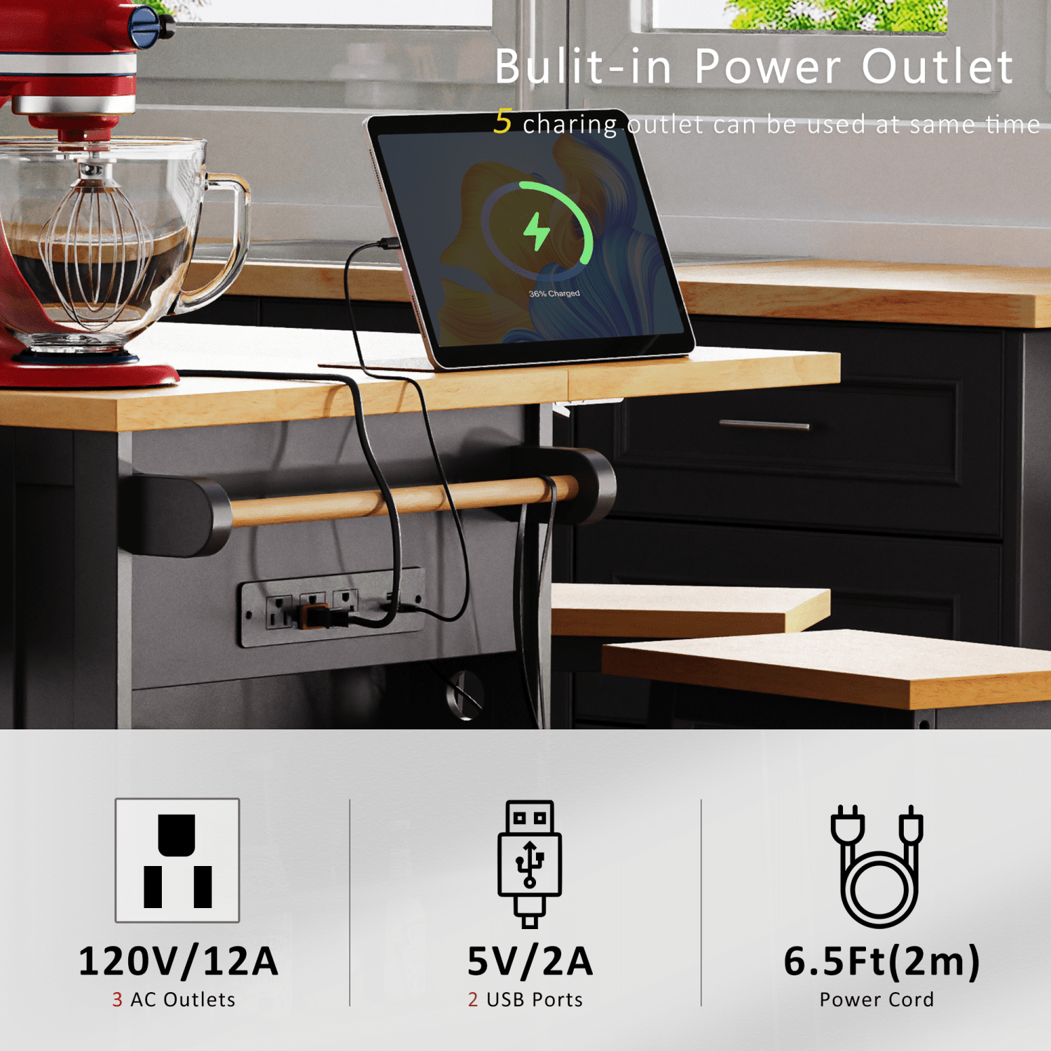 Harper & Bright Designs Large Kitchen Island with 2 Bar Stools and Power Outlet, Kitchen Storage Cart on 5 Wheels with Drop Leaf and Door Internal Storage Rack & 3 Drawers, Black