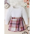 thumbnail image 3 of Pudcoco Kids Girl Fall Outfits Solid Color Square Neck Long Sleeve Tops Buttons Mini Plaid Skirts 2Pcs Clothes Set, 3 of 8