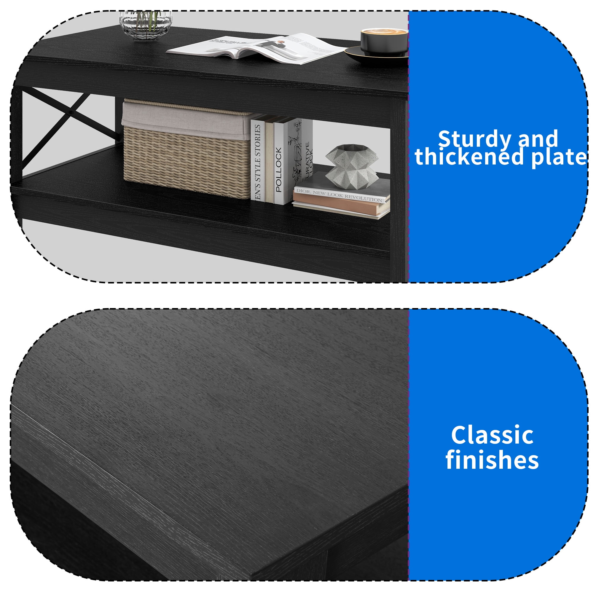 Dextrus Farmhouse Modern Coffee Table with Open Storage Shelf, Black