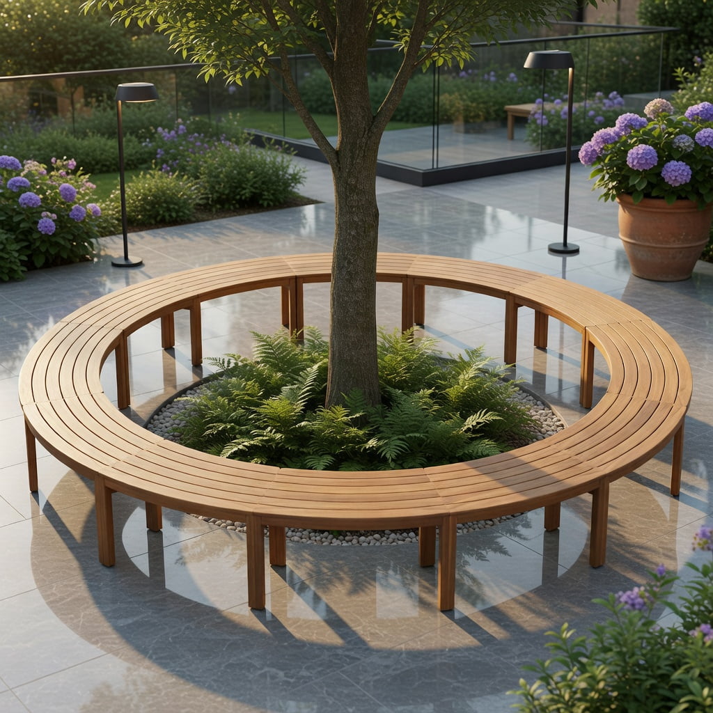 Hommoo Outdoor Acacia Wood Curved Bench Set of 4, Wooden Stools for Porch, Patio, Deck & Fire Pit Seating, Weather-Resistant Backless Garden Benches, Natural