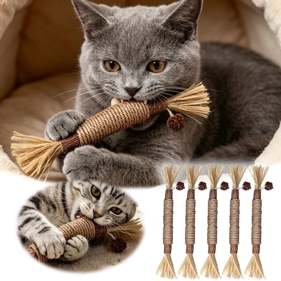 Cat Chew Sticks for Teeth 5-Pack Natural Teeth Cleaning Toy with Raffia Tassels Interactive Kitten Toy for Indoor Cats Relieve Boredom Reduce Stress