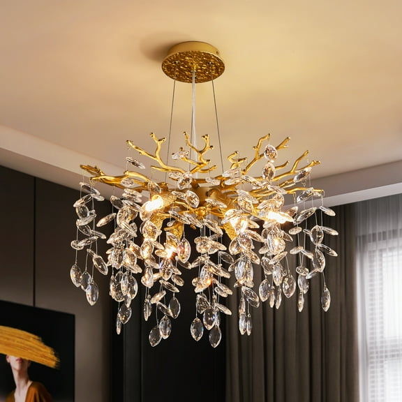 Modern Tree Branch Crystal Chandelier Luxury Gold Crystal Pendant Lighting 18" Contemporary 6-Light Chandeliers for Dining Room Kitchen Bedroom Living Room