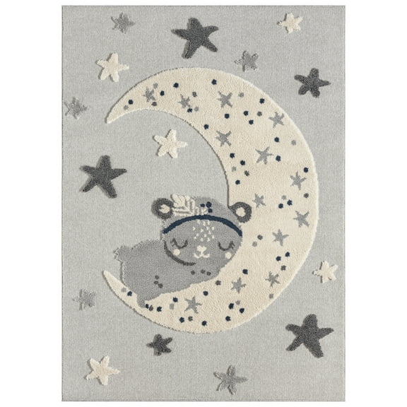 TOWN & COUNTRY PLAY Good Night Moon & Stars Kids Area Rug, Soft & Plush, Calming, Bedroom Rug, Nursery Decor, Playroom & Classroom Rugs, Grey, 5'2"x7’2”