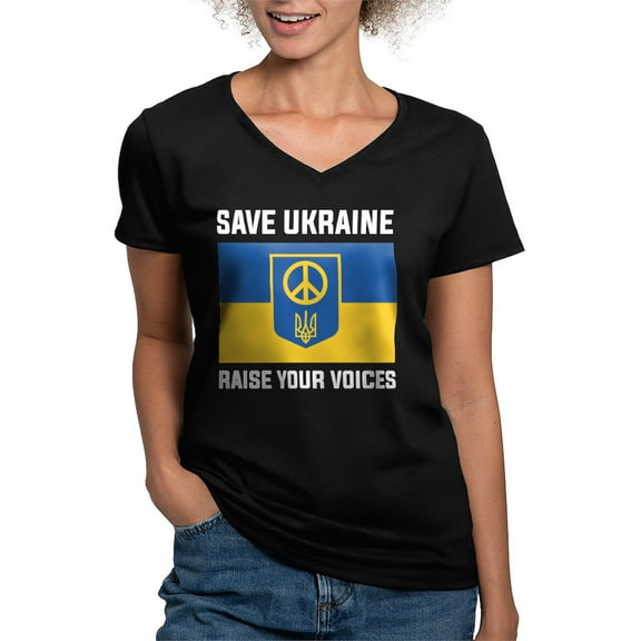 CafePress - Save Ukraine Raise Your Voices Women's V Neck Dark - Women's V-Neck Dark T-Shirt