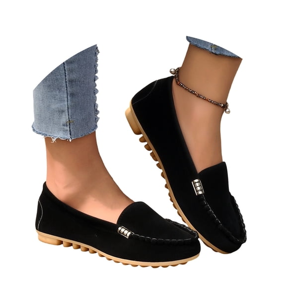Buckle Round Toe Flat Loafers Flock Flexible Rubber Outfit All Season Walking Shoes