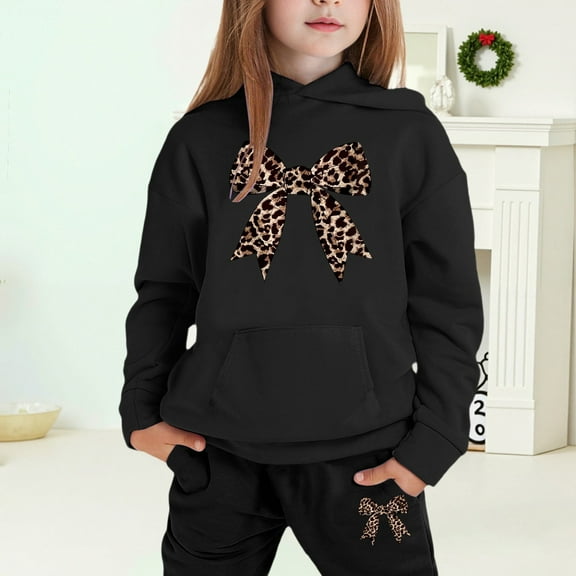 GBSYEWXS Toddler Children Girls Outfits Sets Bow Print Soft Long Sleeve Hoodies Pants 2025 Black Clothing Set Size 2 Years-3 Years