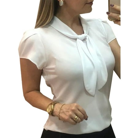 Ruffle Blouse Shirt Top - Women Short Sleeve Tie Shirt Loose Casual Ruffle Top Solid Blouse T-shirt