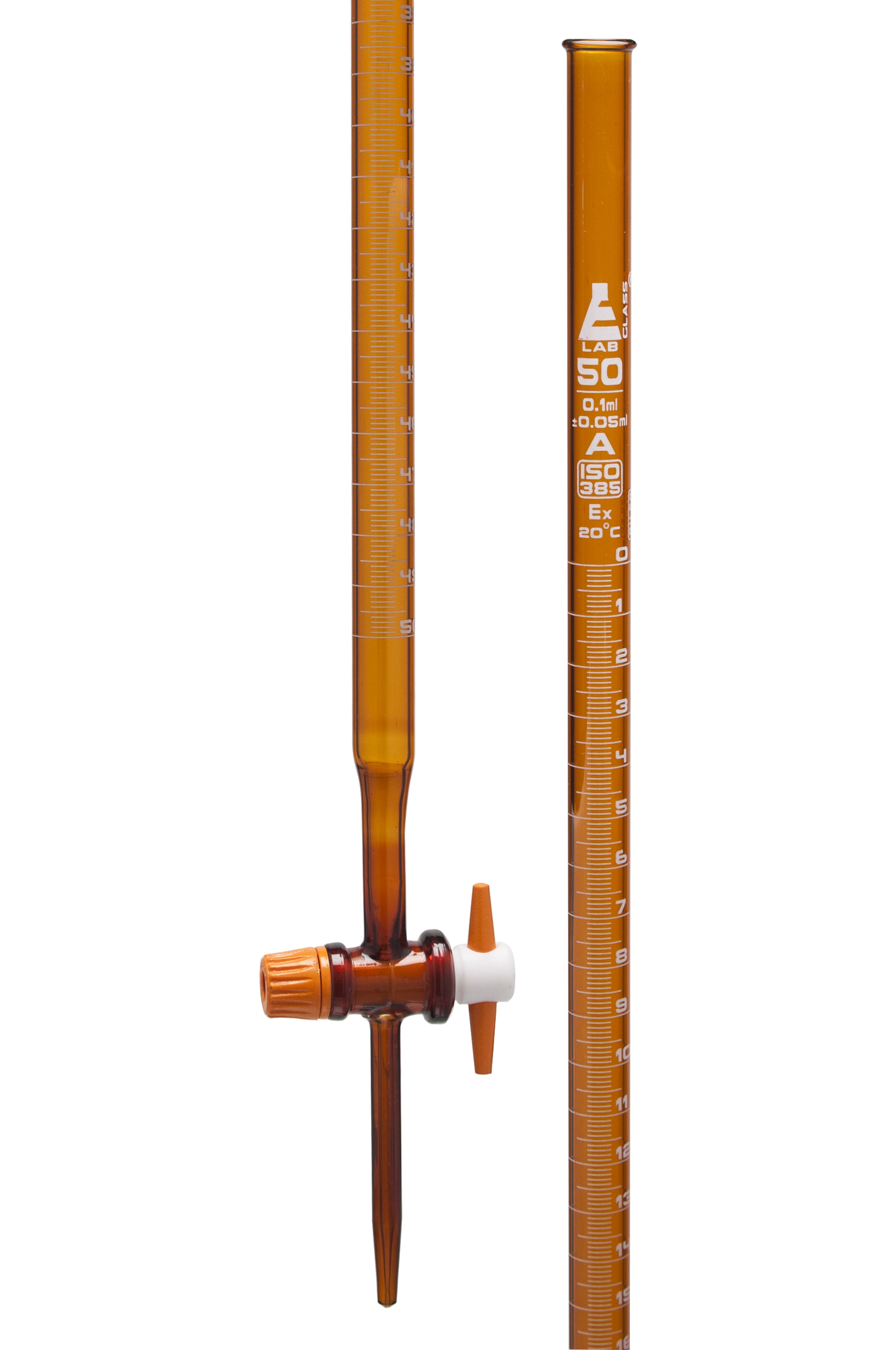 Amber Burette, 50mL With PTFE Key Stopcock Class A, 0.10mL