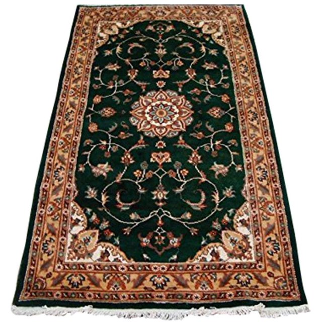 AHMEDANI Exclusive Dark Green Floral Medallion Area Rug Hand Knotted Wool Silk Carpet (5 x 3)'