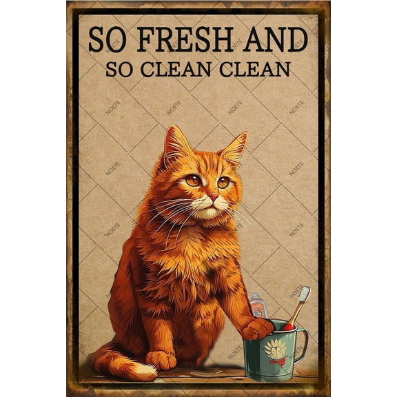 Noete 12x16 Inch Cat Metal Tin Sign Funny Retro Bathroom Wall Decor with "So Fresh & So Clean" Design, Vintage Cat Metal Tin Sign for Home, Office & Gifts