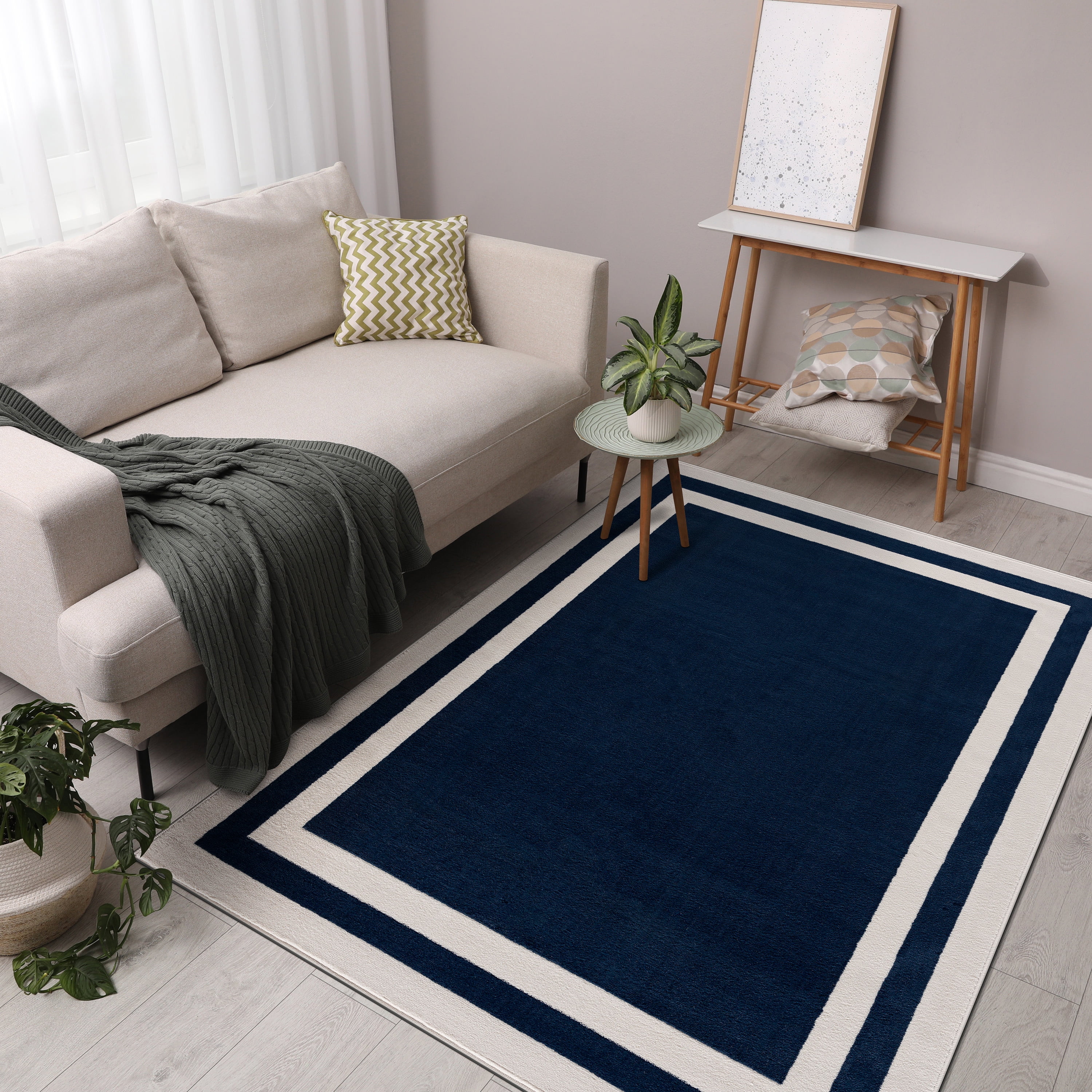 CAMILSON Crystal Navy Blue Area Rug, 5'3" x 7' Bordered, for Living Room, Bedroom, Dining Room Navy Blue / Cream Indoor Area Rugs