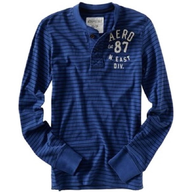 Aeropostale - Playera gráfica Henley con rayas para hombre, azul, grande