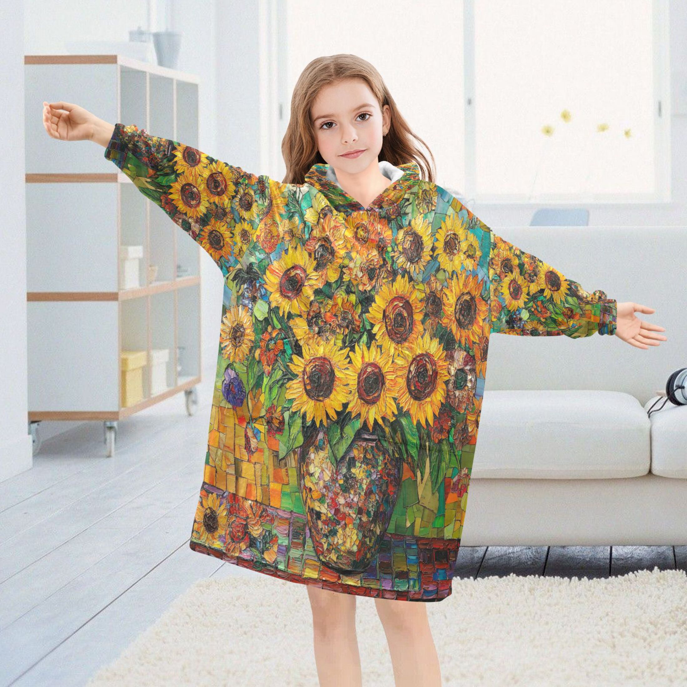 YAZAOO Kids Wearable Blanket Hoodie Warm and Cozy Sunflower Symphony Flannel Sweatshirt