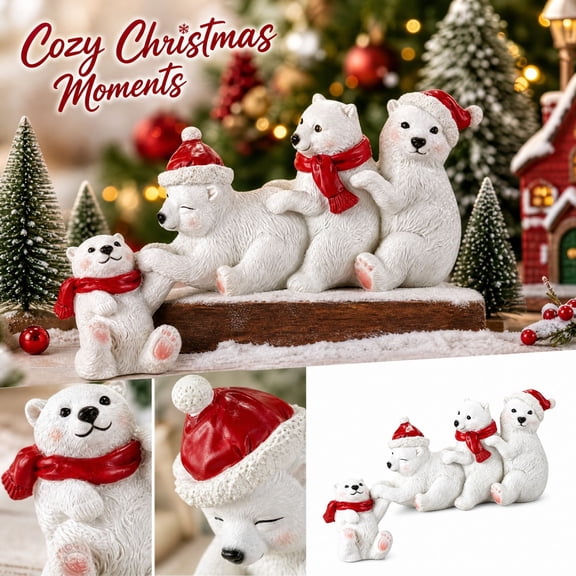 Christmas Polar Bear Family Tabletop Decor Christmas Stocking Holder Holiday Mantel Shelf Sitter for Winter Season Home Decoration Festive Gift for Family