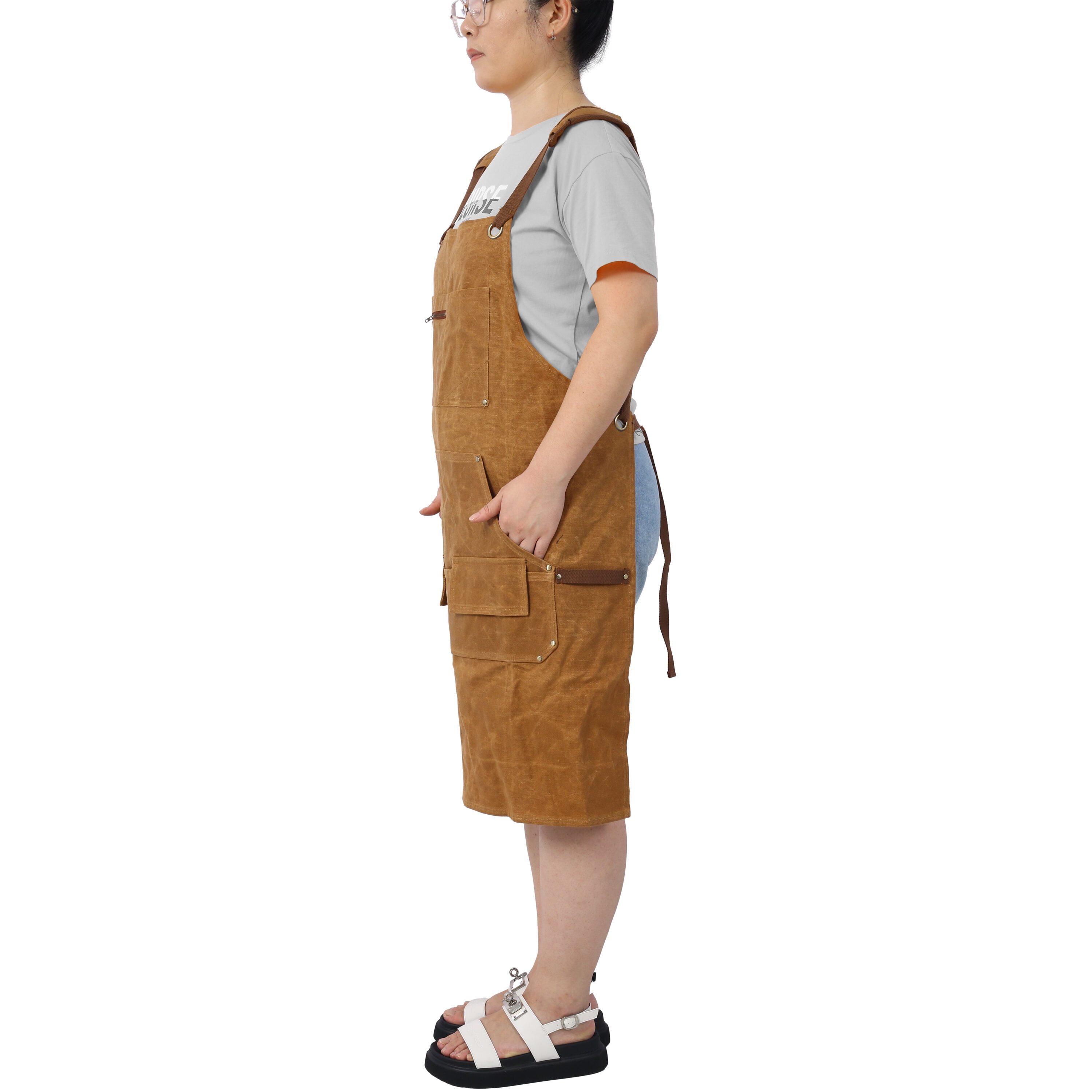 , Long Heavy Duty Waxed Canvas Tool Apron, Carpenter Aprons, Woodworking Aprons, Carpenters Water-Resistant 18 Oz ,Fully Adjustable to Comfortably Fit Men and Women, Brown ,Canvas ,