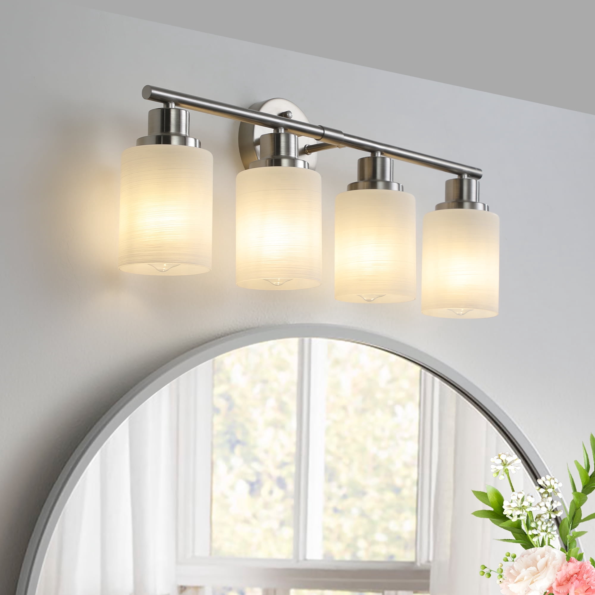 Modern Bathroom Light Fixtures Over Mirror, 4-Light 24.4in Vanity Lights ,Milky White Glass Shades, Wall Sconces Brushed Nickel