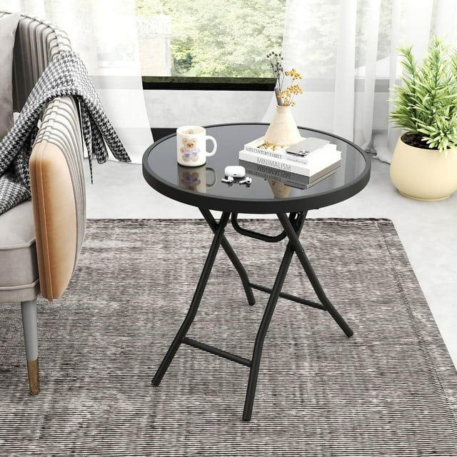 Costway Table d'Appoint Pliant Rond Compact de 18 Pouces Table Basse avec Plateau en Verre Trempé Noir