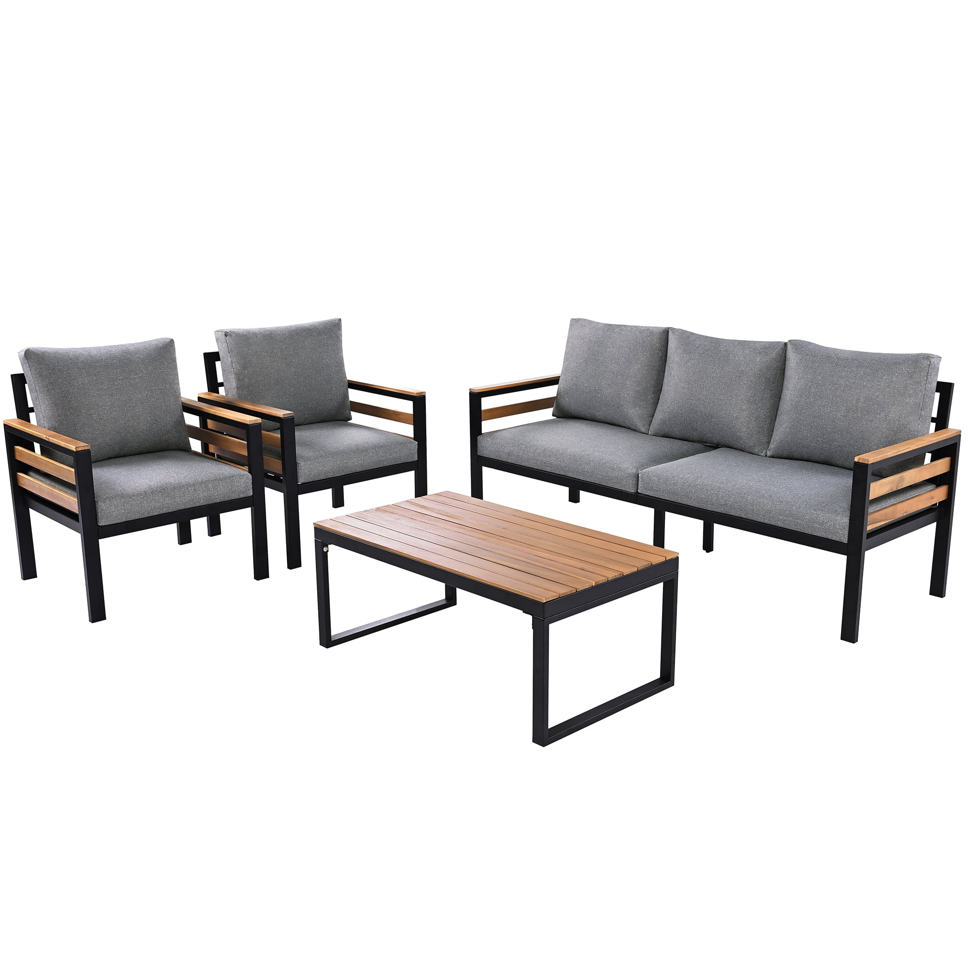 Leumius 4 Pieces Patio Furniture Set,Outdoor Patio Conversation Set with Removable Cushion and Solid Wood Coffee Table for Poolside, Backyard,Garden,Gray