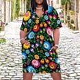 thumbnail image 2 of Vibrant Polish Floral Black Background Summer Sundress for Curve Women Casual Pattern Plus Size V Neck Short Sleeve Loose Fit Oversize Dresses, 2 of 5