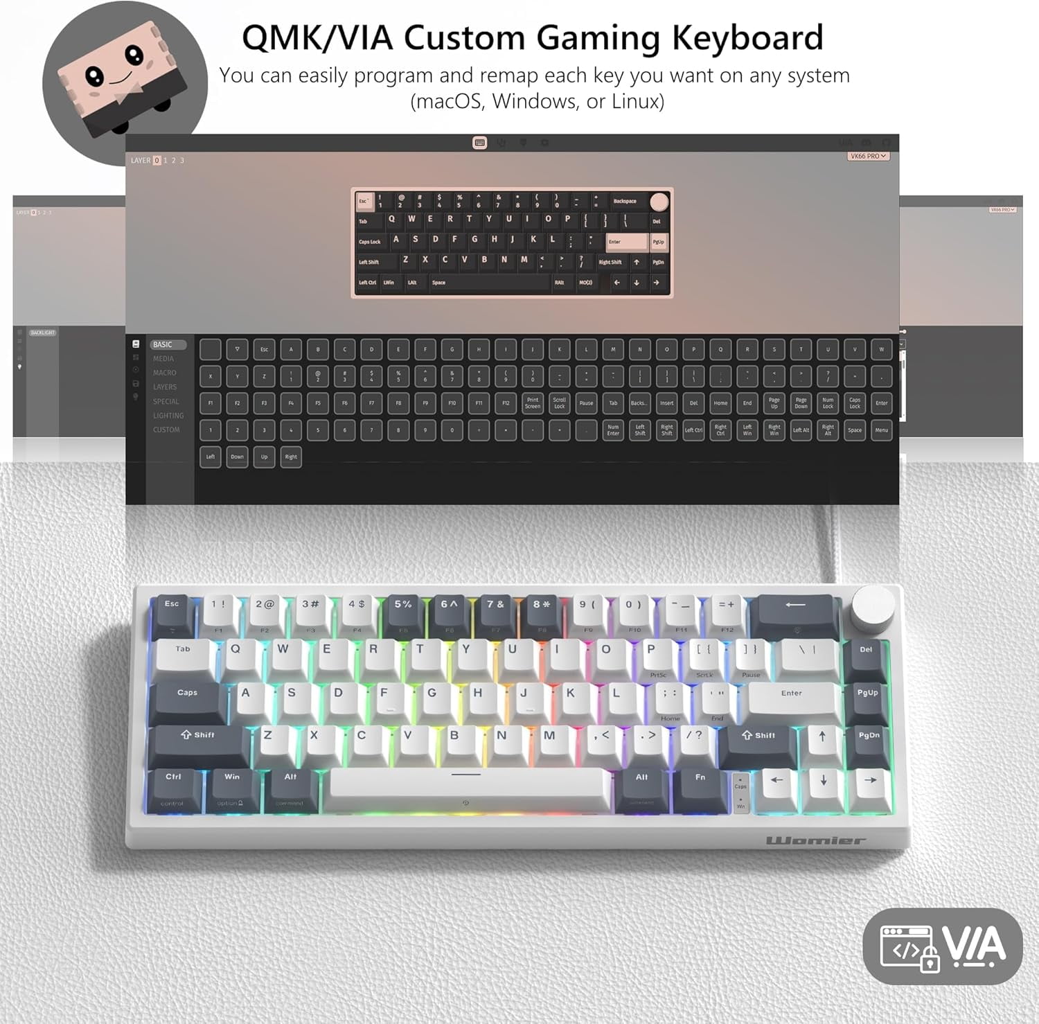 COSTOM Gaming Keyboard,60% Mechanical Keyboards Wired,QMK/via Cute Keyboard with Hot Swappable Gasket Mount RGB Key Board & Translucent Keycaps,Gray