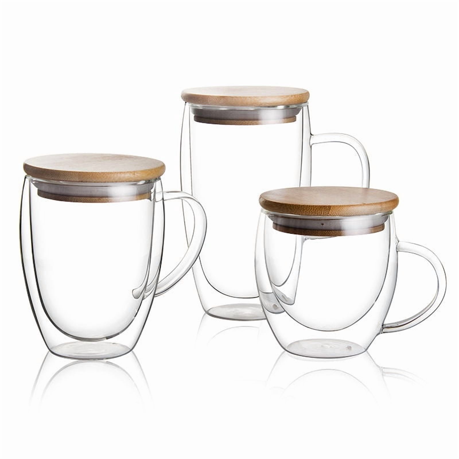 Double Wall Glass Coffee Mugs 350ml with Bamboo Lid , Glass Coffee Cups   with Handle, Insulated Clear Coffee Mug, Perfect for Latte, Cappuccino, Espresso, Hot Beverage, Tea
