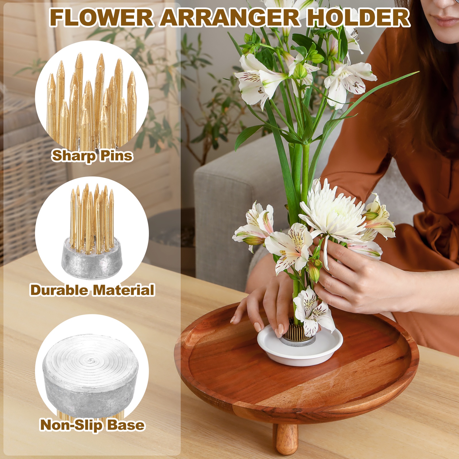 Uxcell 12 Pcs Floral Frogs Kenzan, 0.6 Inch Round Brass Steel Flower Arrangement Holder, Arranger Pin Fixed Tool for Vase Centerpiece, Wedding, Home Decoration, Brass/Silver