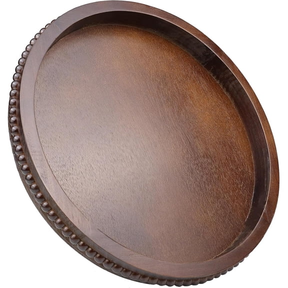 13” Round Vintage Wooden Serving Tray with Bead Detail - Dark Brown Decorative Tray for Home Centerpiece, Counter Organizer (Kitchen/Living Room)