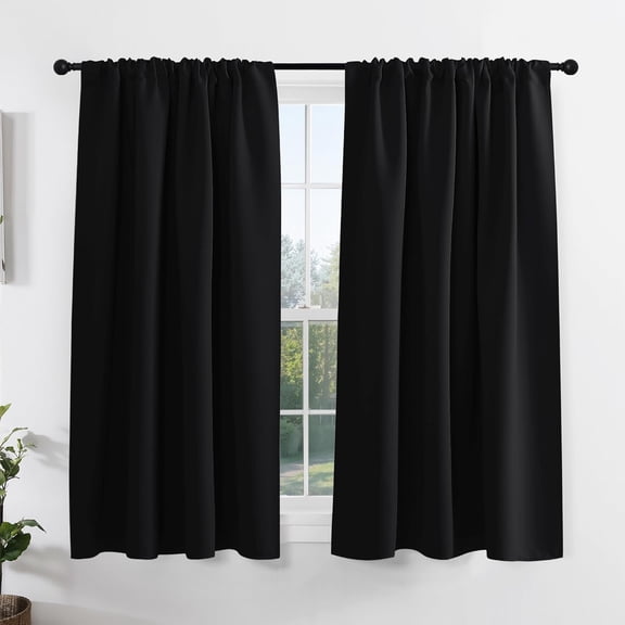 Short Black Out Curtains 48 inch Long for Small Window, Rod Pocket Privacy Bathroom Draperies,Thermal Insulated Lighting Blocking Drapes for Basement(2 Panels Set,Black, W42 x L48 inches)