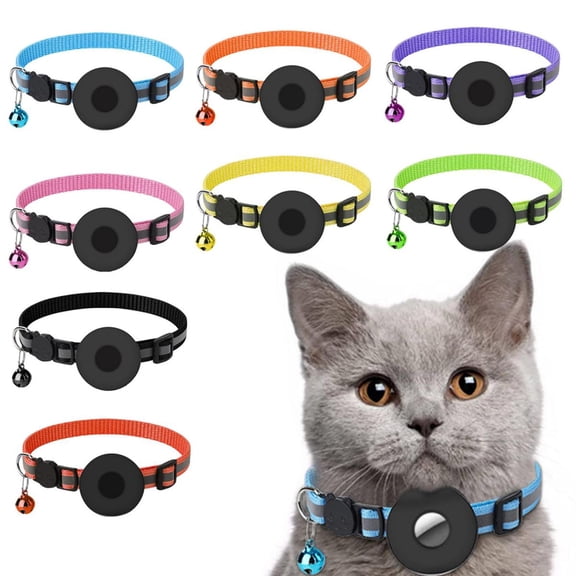 Goowood Breakaway Cat Collars Reflective Adjustable 1 CM Wide Strap and Airtag Holder Kitten Collar with Bell for Safe Night Walking Outdoor Play