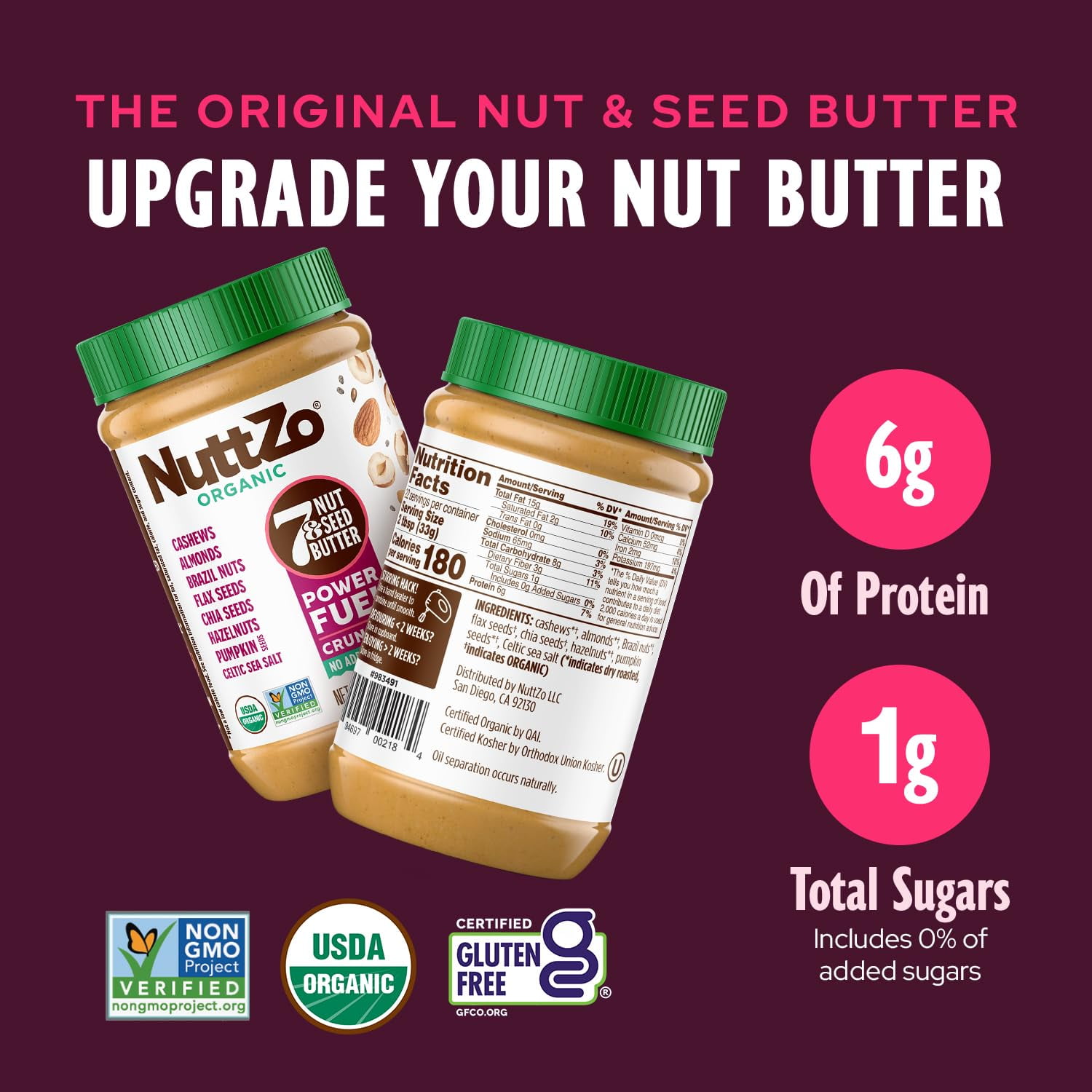NuttZo Organic Power Fuel Crunchy 7 Nuts & Seeds Butter, Paleo Friendly | Peanut & Gluten Free, Vegan, and Kosher, No Added Sugar or Oil | 26 oz Jar, 2-Pack