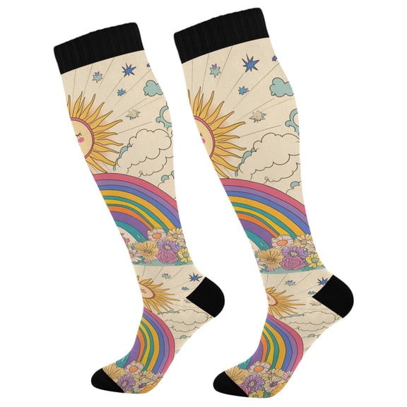 FORMRS Womens Knee High Socks Casual Long Thick Travel Daily Wear, 1 Pair, Beige Rainbow