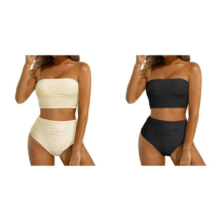 (2-Pack) Rinsvye High Waisted Bandeau Bikini Swimsuit with Underwire Bra Set Women Strapless Two Women Swim Dress with Short Piece Swimsuits Ribbed Longline Full Coverage Bathing Suits Shorts Bikini S