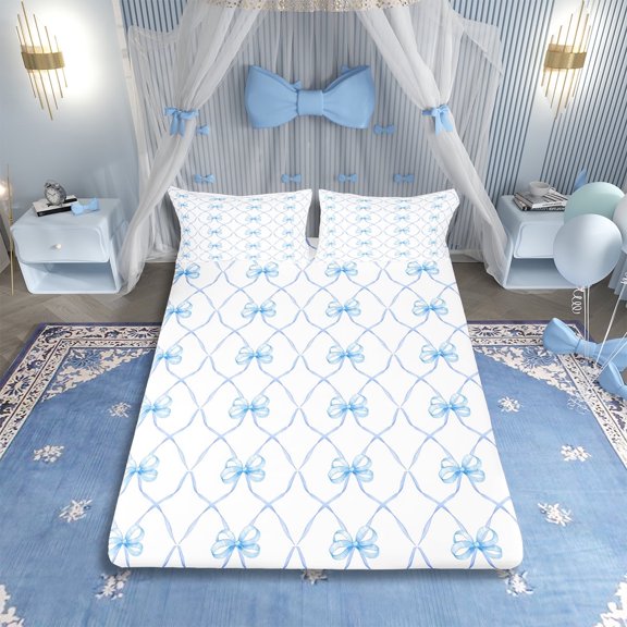 Bowknot Bed Sheets Set Full Bow Knot Sheet Set Butterfly Knot Bow Tie Sheets Aesthetic Coquette Bedroom Decor Geometric Cartoon Blue Flat Fitted Sheet