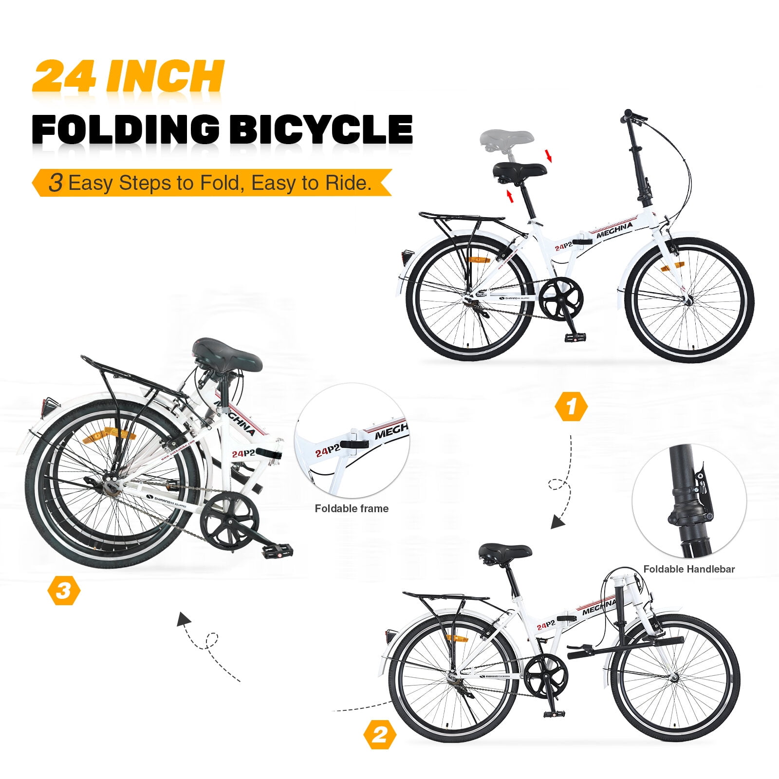Mountain Bikes 24 Inch Folding Bike for Adults with Fenders, Steel Frame Single Speed City Commuter, Dual V-Brake Portable Compact Bicycle for Men & Women,Hybrid Bikes