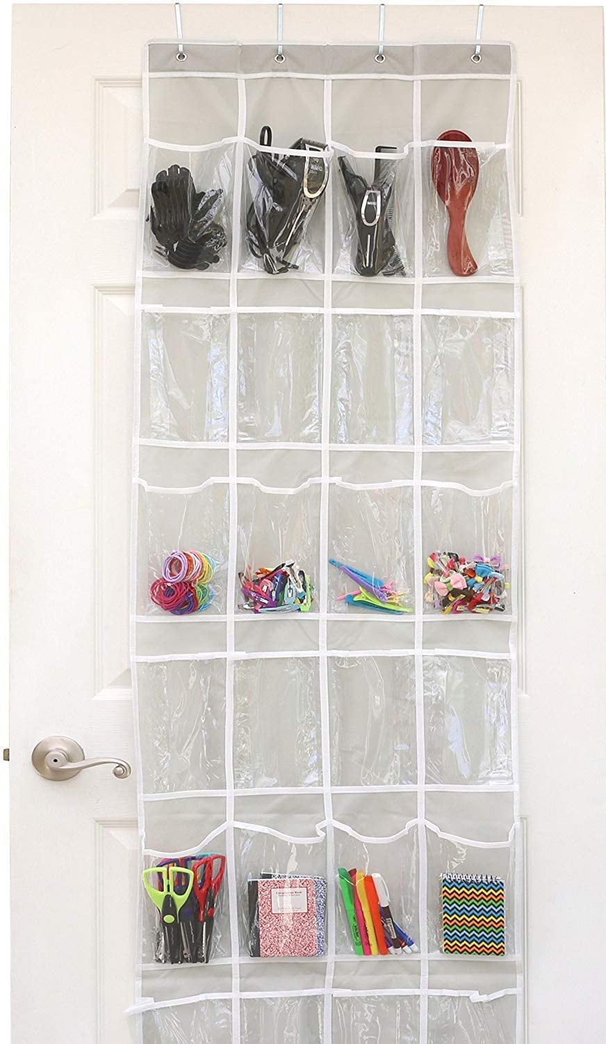 24 Pockets Over Door Shoe Organizer Foldable Transparent Hanging Shoe Storage bag with Hook Mesh Pockets Shoe Hanger for Kitchen Bedroom White