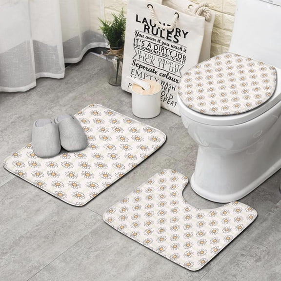 Lightpink Daisy Flower Linear Pattern Bathroom Rugs Sets 3 Piece,Toilet Cover Set,Absorbent Non Slip Bathroom Mats Sets with U-Shaped Contour Rug Toilet Rug Set
