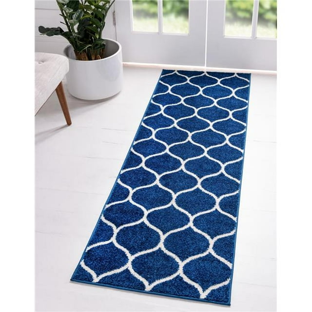 Unique Loom 3145453 2 x 6 ft. Rounded Trellis Frieze Runner Rug, Navy Blue