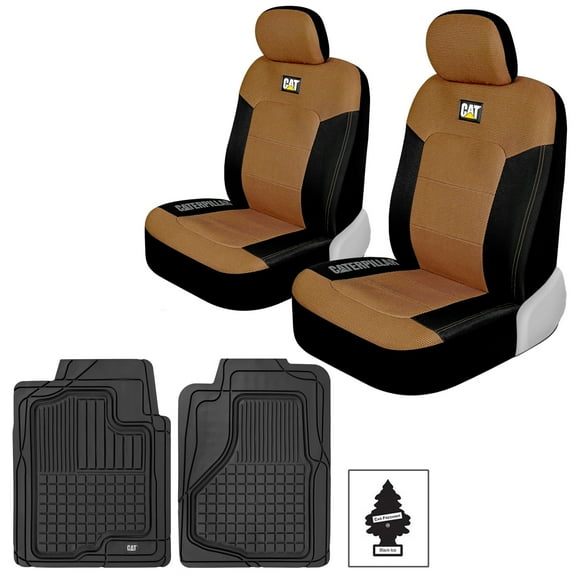 Yupbizauto CAT Car Truck SUV Seat Covers Heavy Duty Floor Mats Bundle Full Set Black and Beige