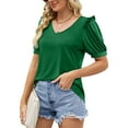 thumbnail image 6 of Slatcetga Puff Sleeve Blouse V Neck Pure Color Frill Trim Curve Hem Stretchy Casual Blouse for Women Summer Dark Green S, 6 of 6