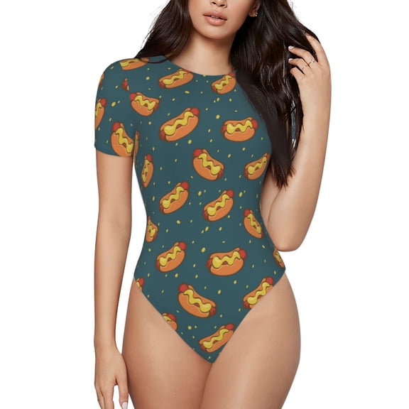 Rateoe Hot Dog 6 Printed Women Rash Guard Short Sleeve,Tummy control Swimsuit Surfing Swimsuit Bathing Suit Short-sleeved Onesie UPF 50 -Small