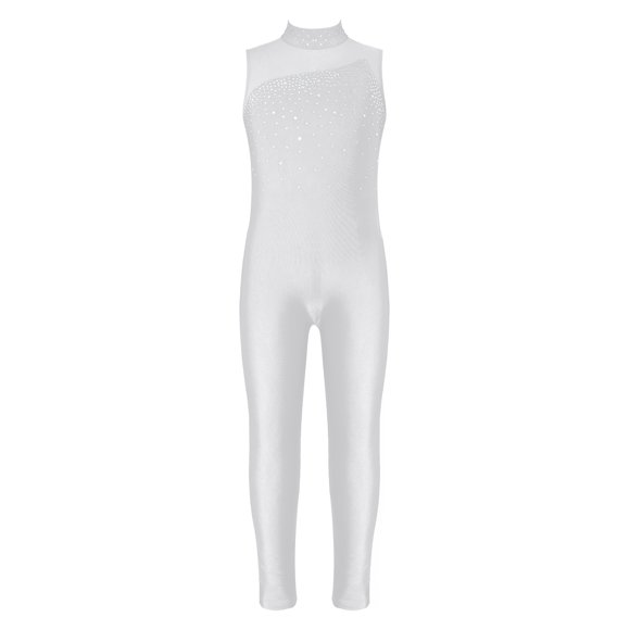 Kaerm Gymnastics Leotard for Girls Long Sleeve Round Collar Shiny Rhinestone Ballet Dance Bodysuit Jumpsuit White 16