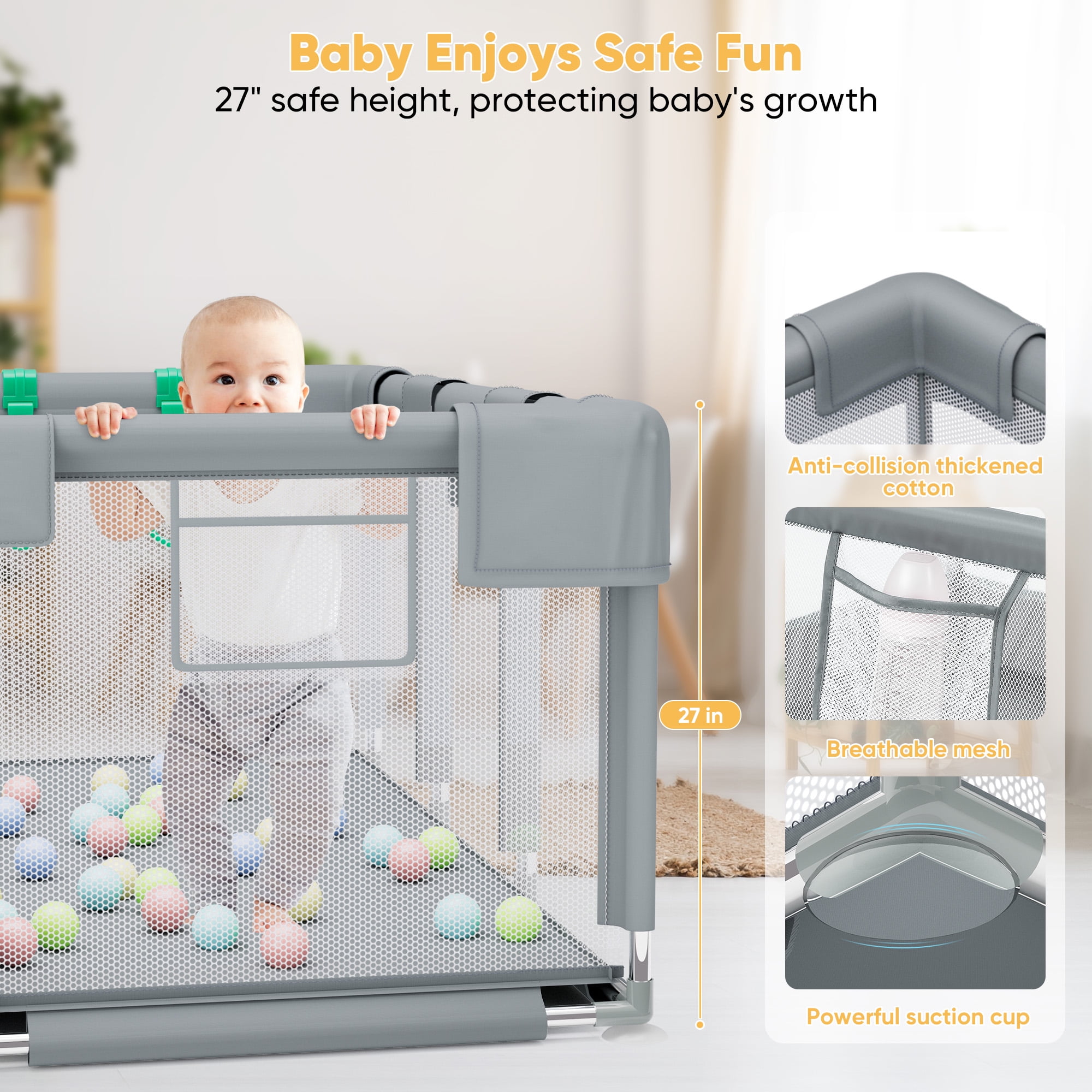 babyeap Baby Playpen,73 Inch Extra Large Baby Playard,Playpen for Babies and Toddlers With Basketball Hoop,Children Kids Play Fence for Indoors Outdoors,Gray