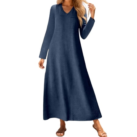 DGMIOCS Women s V Neck Maxi Dress - Long Sleeve Loose Fit Casual Daily Dress Navy XXL