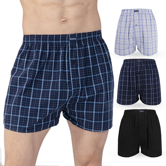 Men's Woven Boxer Shorts 3-Pack - 5 Plaid Patterns, Premium Cotton, Comfortable Elastic Waist, Button Fly, Casual Underwear for Daily Wear, Black Navy pack, 3XL