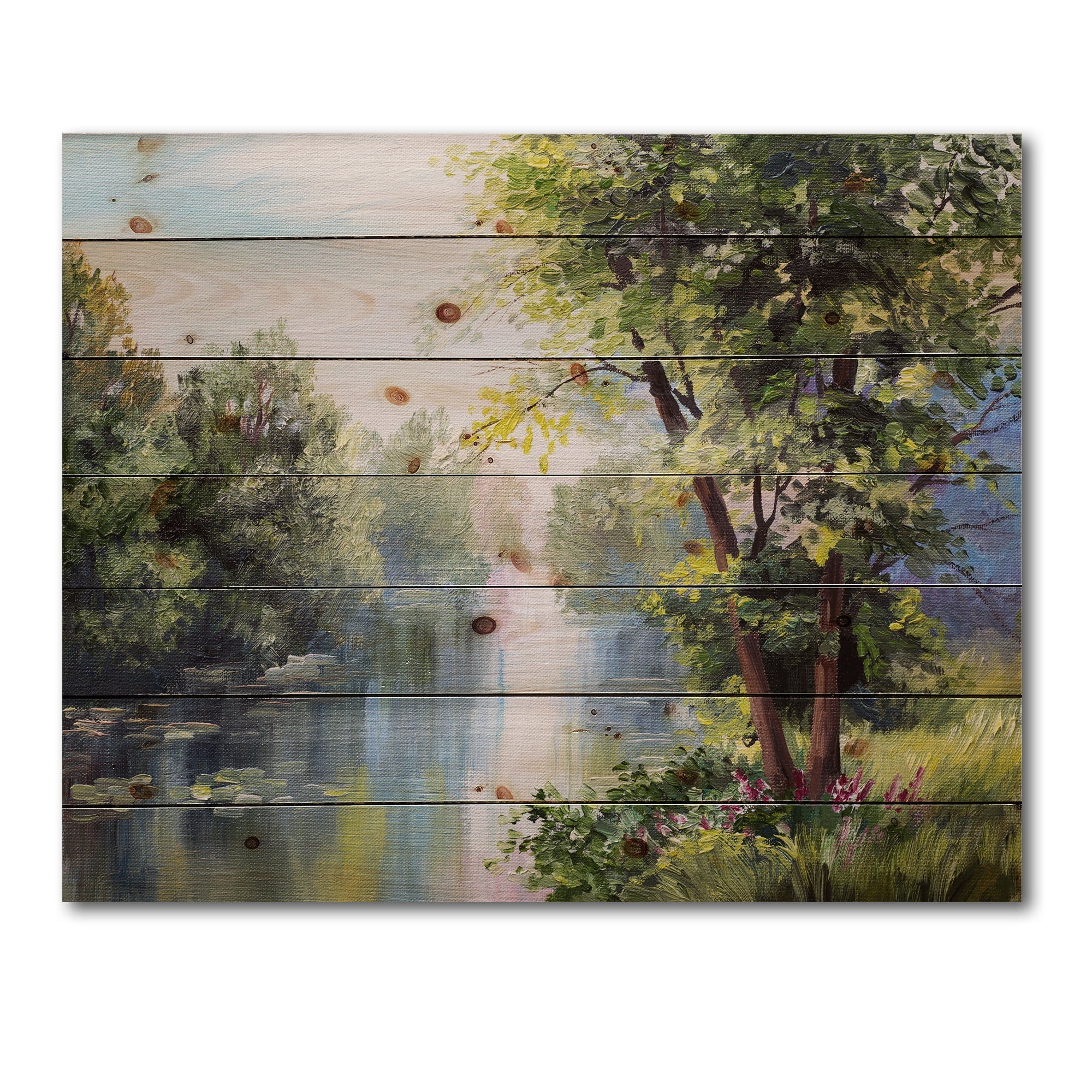 Designart 'Lake In The Forest Summer Day - Landscape' Lake In The Forest Summer Day - Lake House Print on Natural Pine Wood