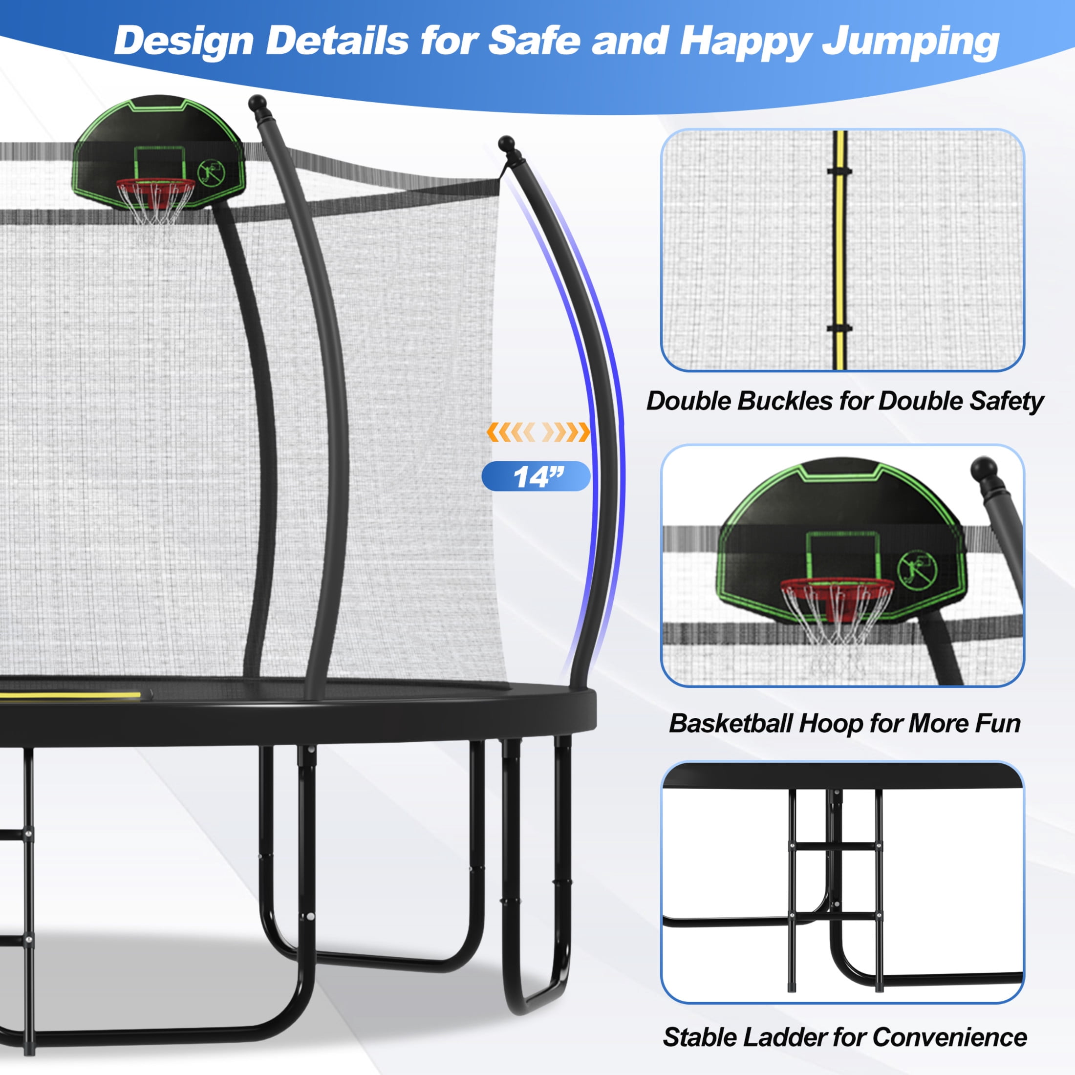 Noble House 16FT Outdoor Trampoline for Kids, Adults with Basketball Hoop, Enclosure Net and Ladder, Black