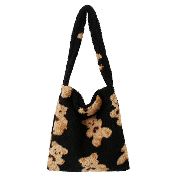 Bolso Felpa Otoño Con Oso Gran Capacidad para Mujer (negro)